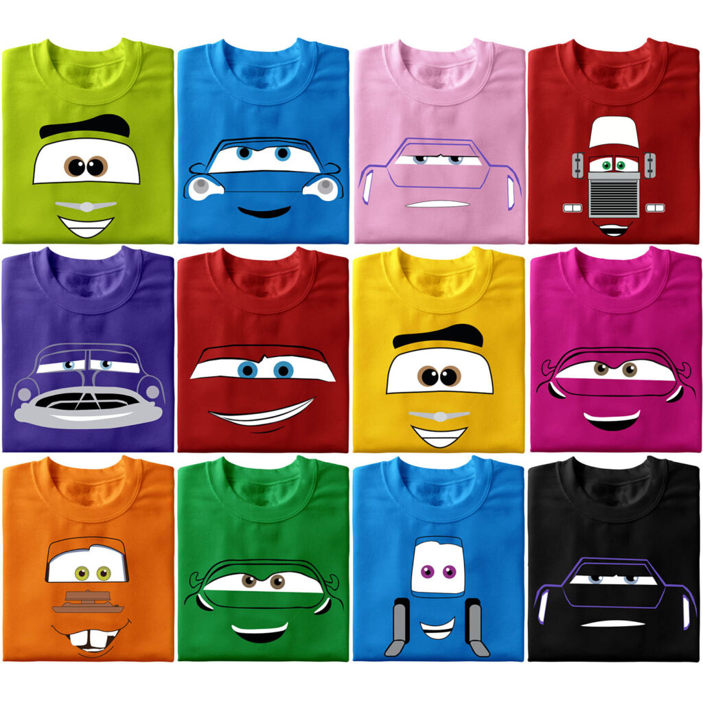 a group of colorful shirts with cartoon faces