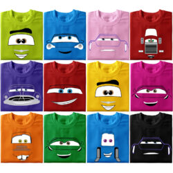 a group of colorful shirts with cartoon faces