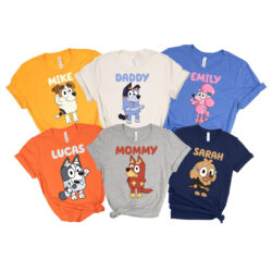 a group of shirts with cartoon characters on them